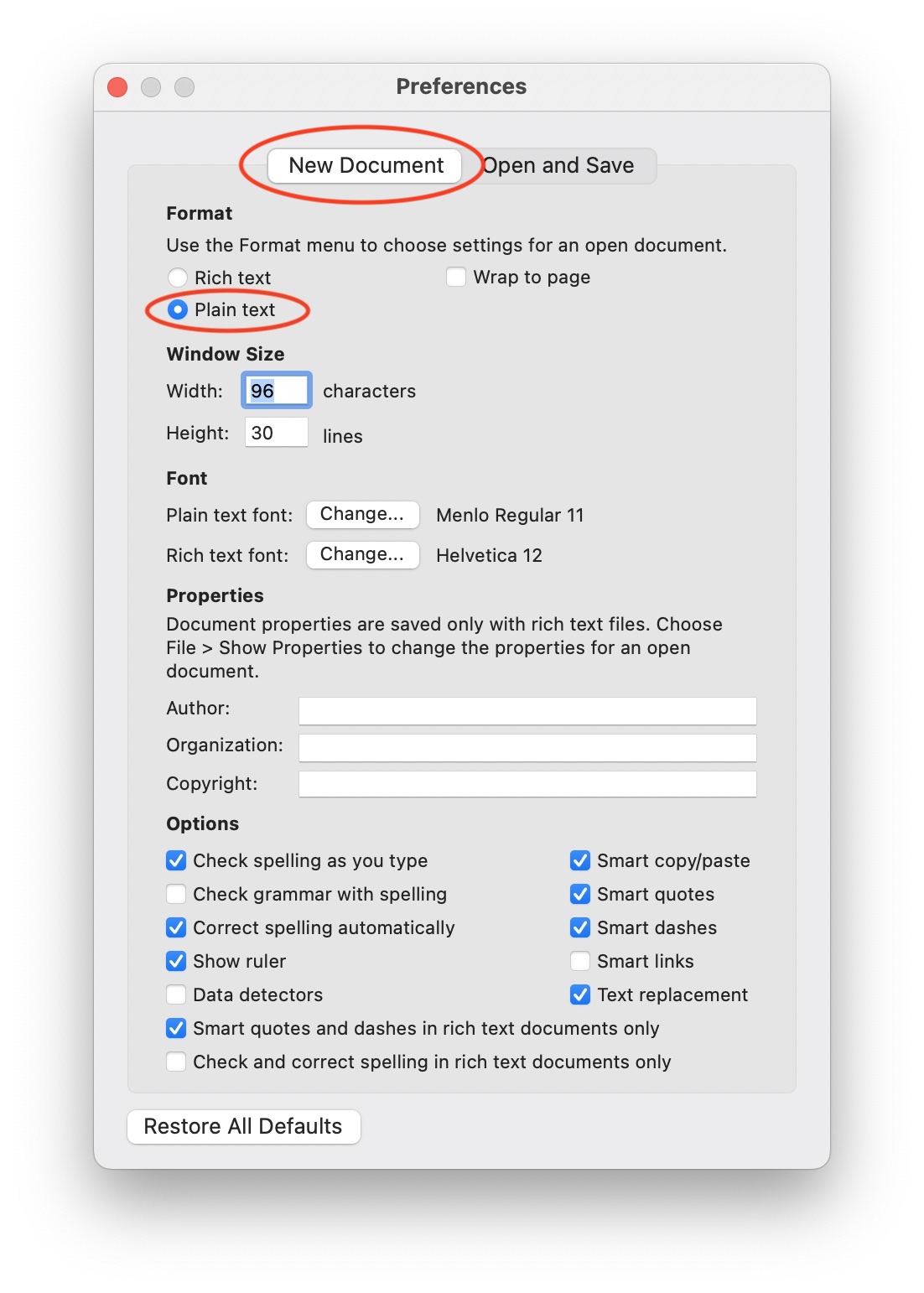 New Documents Tab settings in TextEdit
