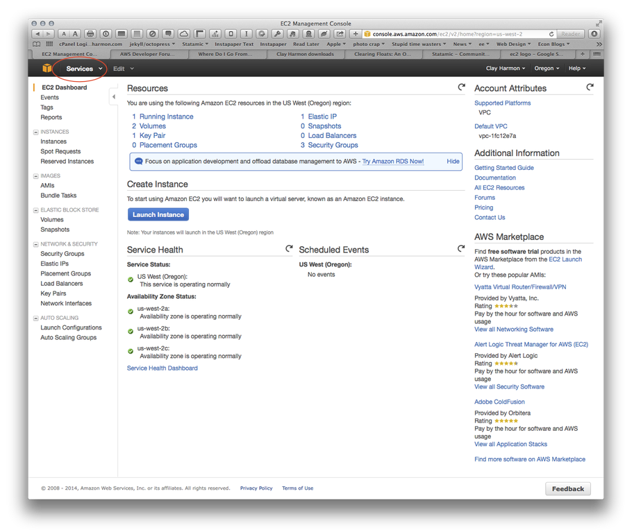 AWS control panel with EC2 Service highlighted