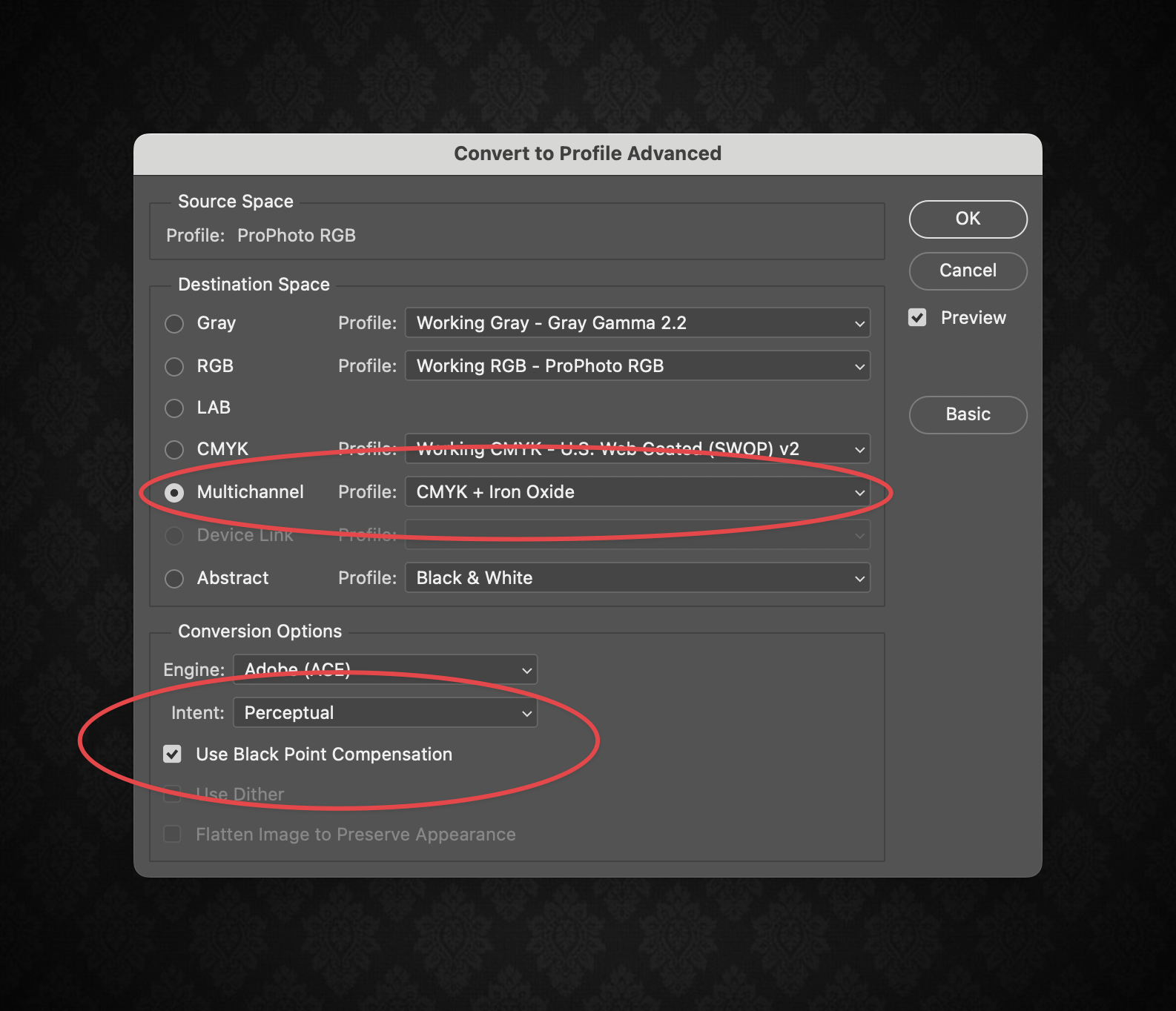 RGB to CMYK plus Iron Oxide conversion dialog RGB to CMYK+IO conversion - select the output CMYKOGV .icc profile