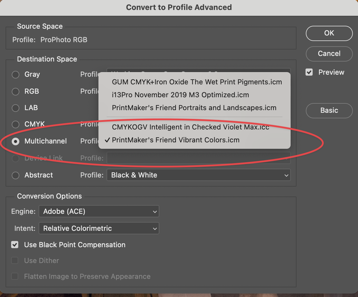 RGB to CMYKOGV conversion dialog RGB to CMYKOGV conversion - select the output CMYKOGV .icc profile