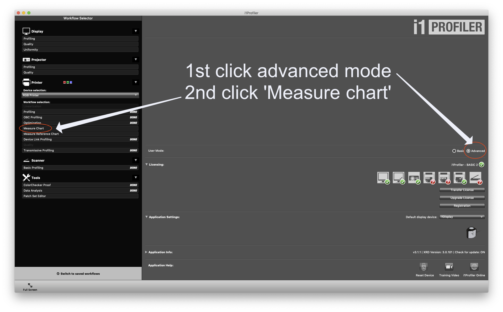 **Selecting Advanced mode is essential to be able to access the 'Measure Chart' function**
